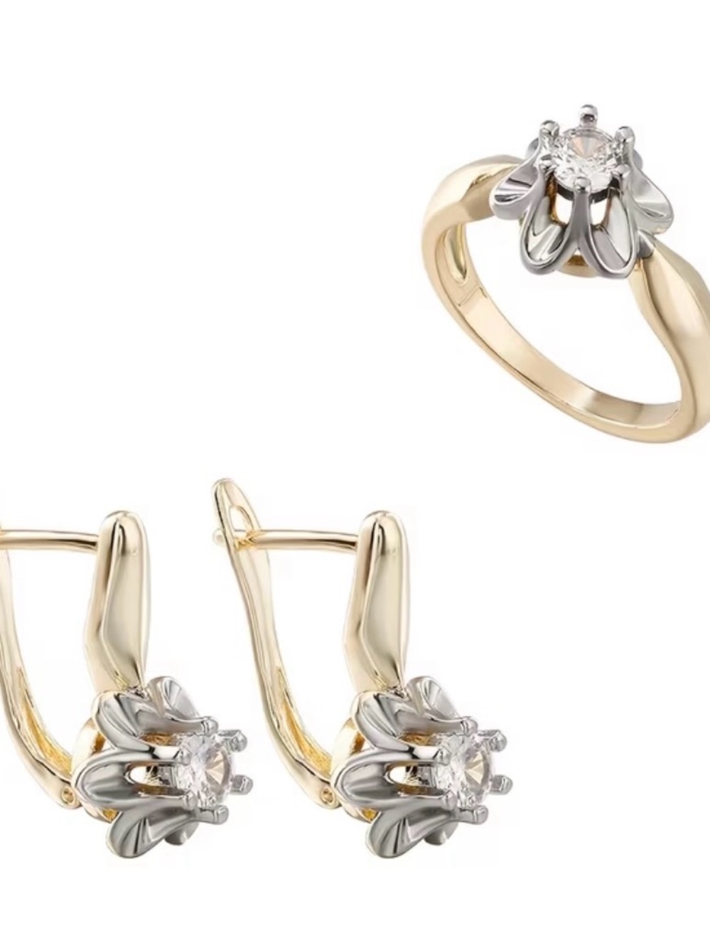 Two-Tone Gold & Silver Floral Earrings with Ring - Sparkling Clear Stone, size 9